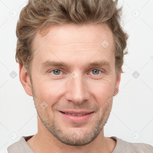 Joyful white adult male with short  brown hair and grey eyes