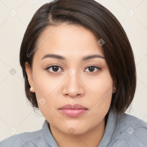 Neutral white young-adult female with medium  brown hair and brown eyes