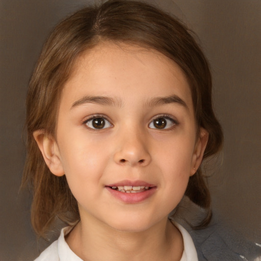 Joyful white child female with medium  brown hair and brown eyes