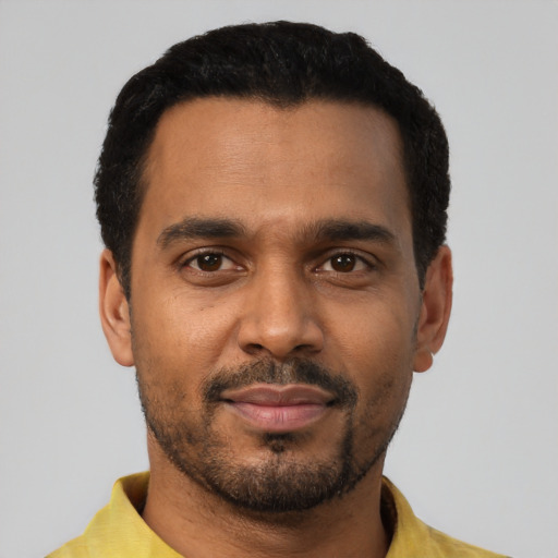 Neutral black young-adult male with short  black hair and brown eyes