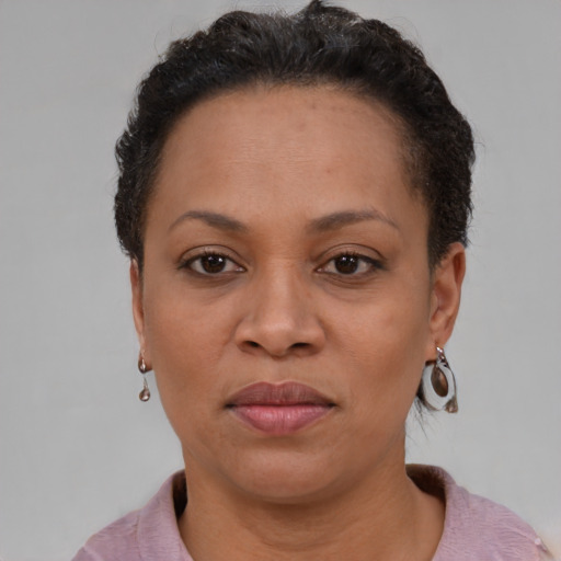 Joyful black adult female with short  brown hair and brown eyes