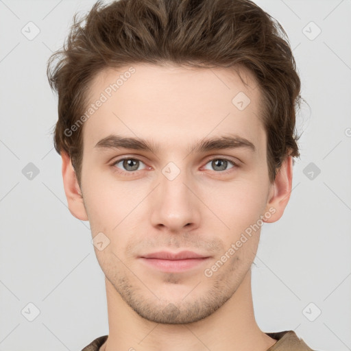 Neutral white young-adult male with short  brown hair and grey eyes