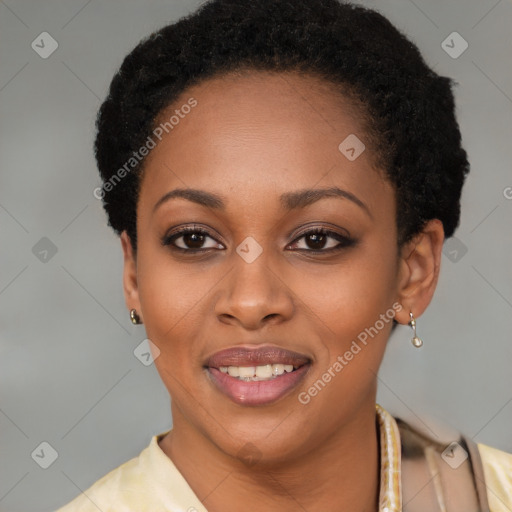 Joyful black young-adult female with short  brown hair and brown eyes