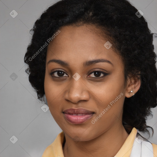 Joyful black young-adult female with medium  black hair and brown eyes