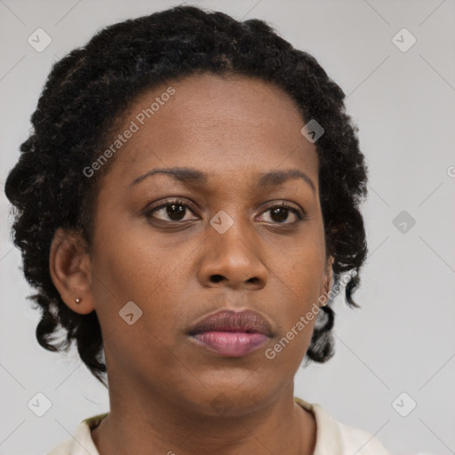 Neutral black adult female with short  brown hair and brown eyes