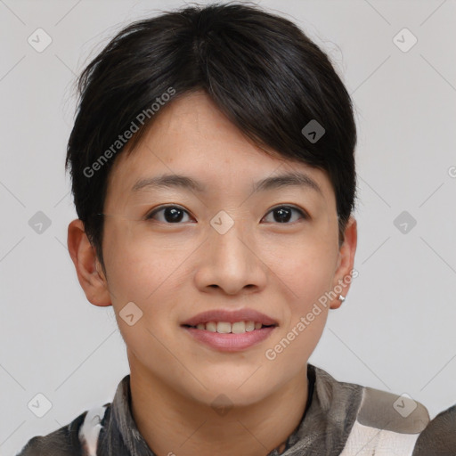 Joyful asian young-adult female with short  brown hair and brown eyes