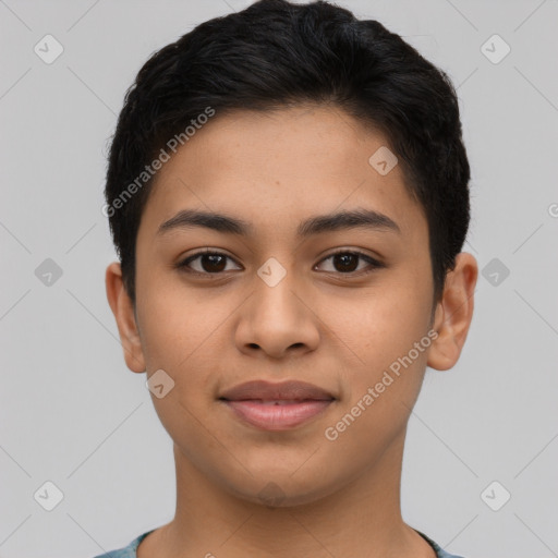 Joyful latino young-adult female with short  brown hair and brown eyes