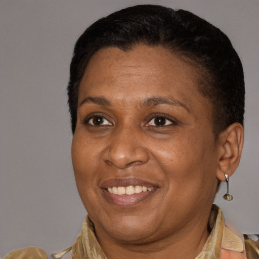 Joyful black adult female with short  brown hair and brown eyes