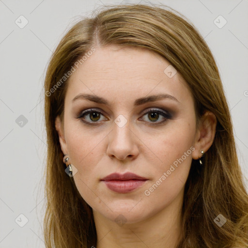 Joyful white young-adult female with long  brown hair and green eyes