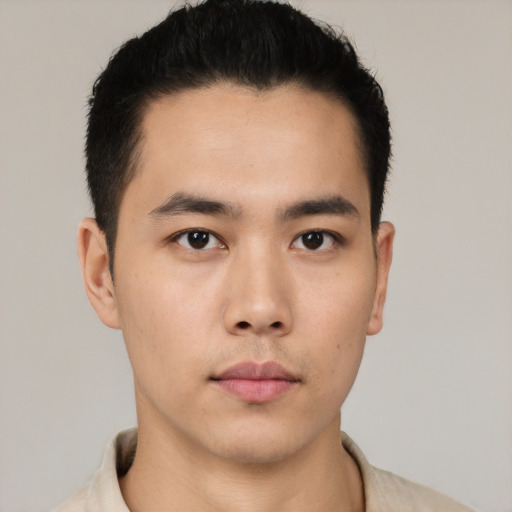 Neutral asian young-adult male with short  black hair and brown eyes