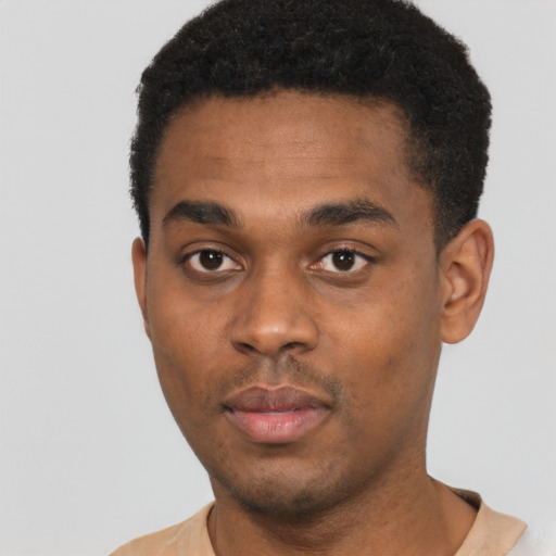 Neutral black young-adult male with short  black hair and brown eyes