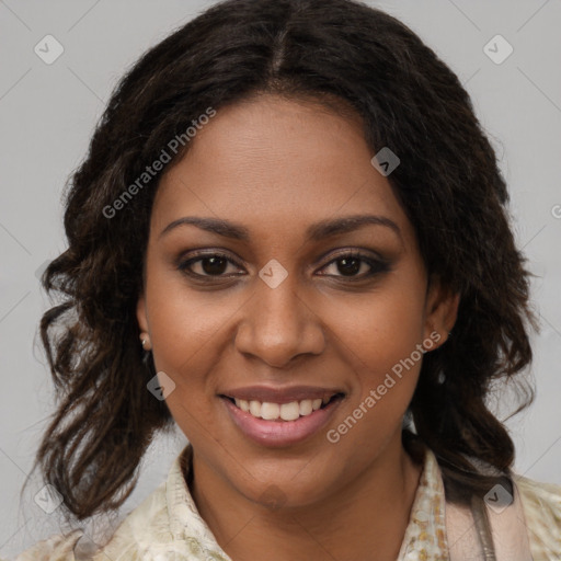 Joyful black young-adult female with medium  brown hair and brown eyes