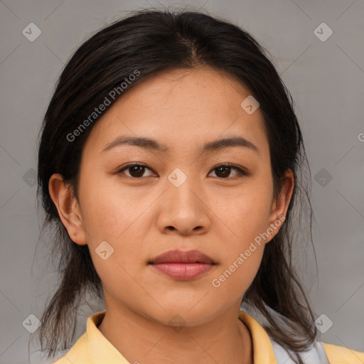 Neutral asian young-adult female with medium  brown hair and brown eyes