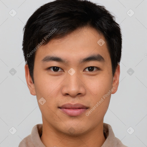 Neutral asian young-adult male with short  brown hair and brown eyes