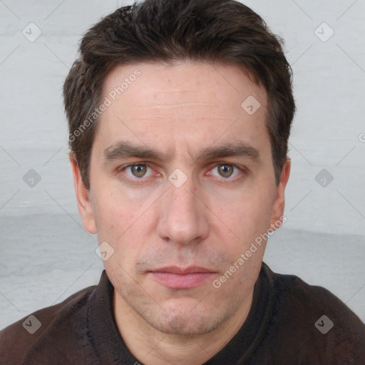 Neutral white adult male with short  brown hair and brown eyes