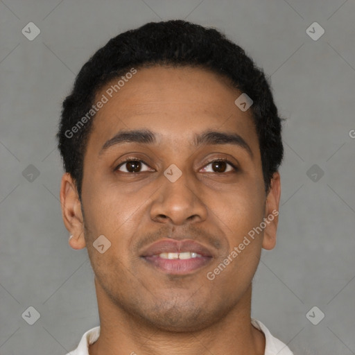 Neutral latino young-adult male with short  brown hair and brown eyes