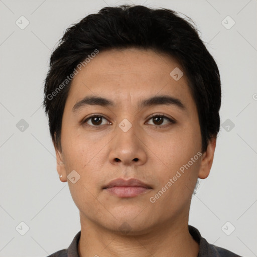 Neutral asian young-adult male with short  black hair and brown eyes