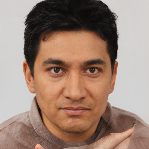 Neutral asian young-adult male with short  brown hair and brown eyes