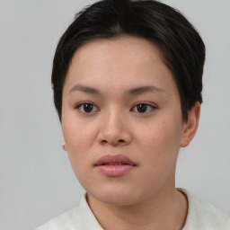 Neutral asian young-adult female with short  brown hair and brown eyes