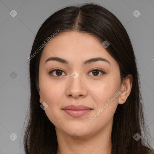 Joyful asian young-adult female with long  brown hair and brown eyes