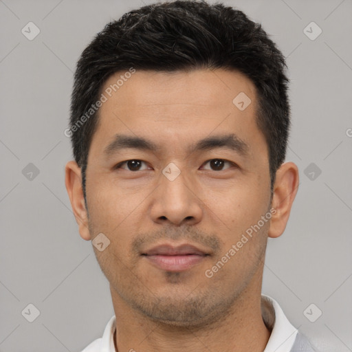 Neutral asian young-adult male with short  black hair and brown eyes