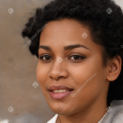 Joyful latino young-adult female with short  black hair and brown eyes