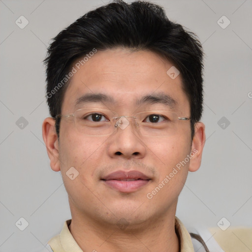 Neutral asian young-adult male with short  brown hair and brown eyes