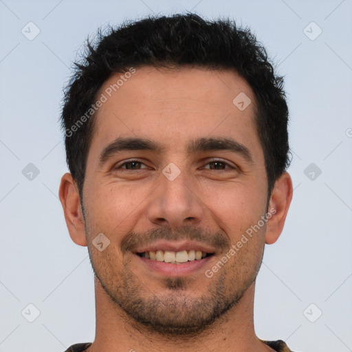 Joyful white young-adult male with short  brown hair and brown eyes