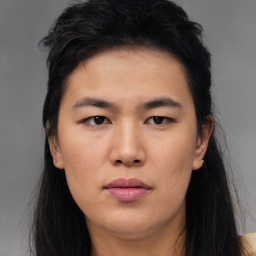 Neutral asian young-adult female with long  brown hair and brown eyes