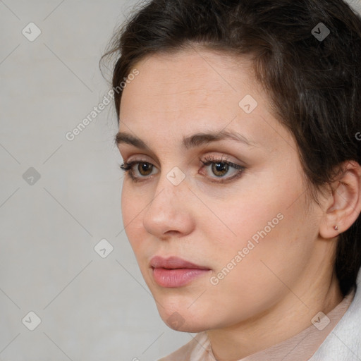 Neutral white young-adult female with short  brown hair and brown eyes