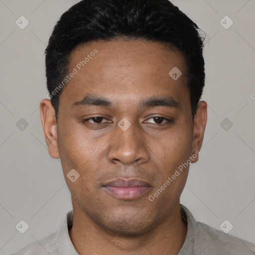 Neutral latino young-adult male with short  black hair and brown eyes