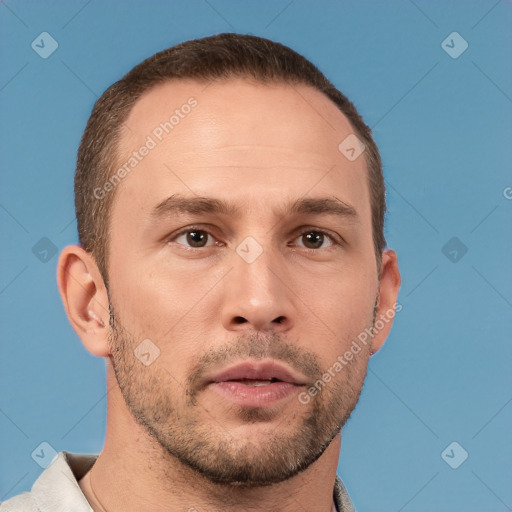 Neutral white adult male with short  brown hair and brown eyes