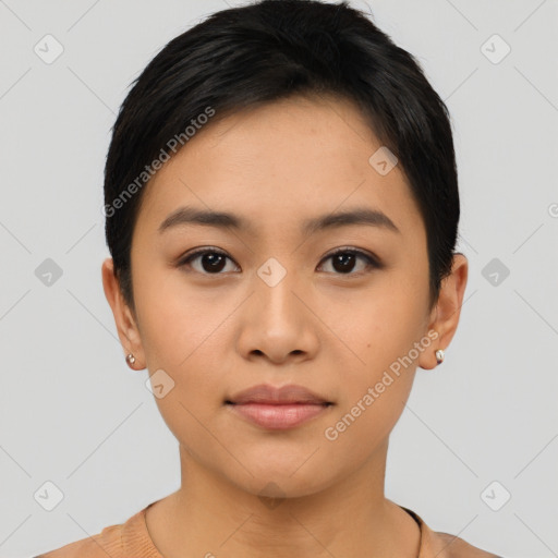 Neutral asian young-adult female with short  black hair and brown eyes