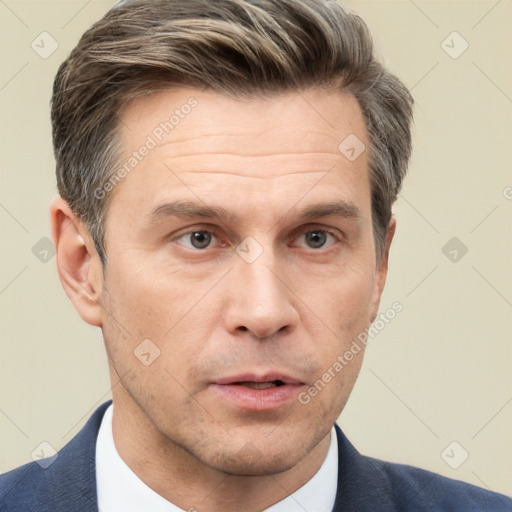 Neutral white adult male with short  brown hair and brown eyes