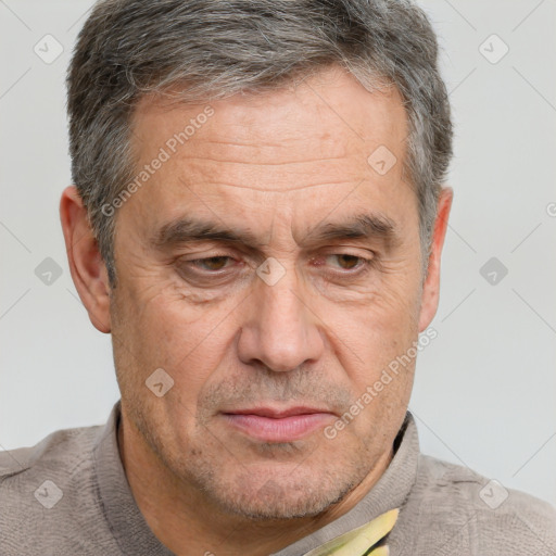 Joyful white middle-aged male with short  brown hair and brown eyes