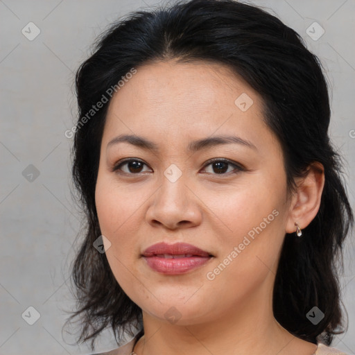 Joyful asian young-adult female with medium  brown hair and brown eyes