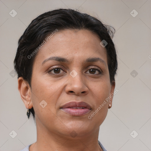 Joyful latino adult female with short  brown hair and brown eyes