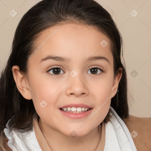 Joyful white child female with medium  brown hair and brown eyes