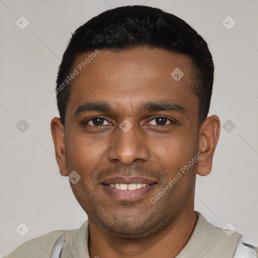 Joyful latino young-adult male with short  black hair and brown eyes