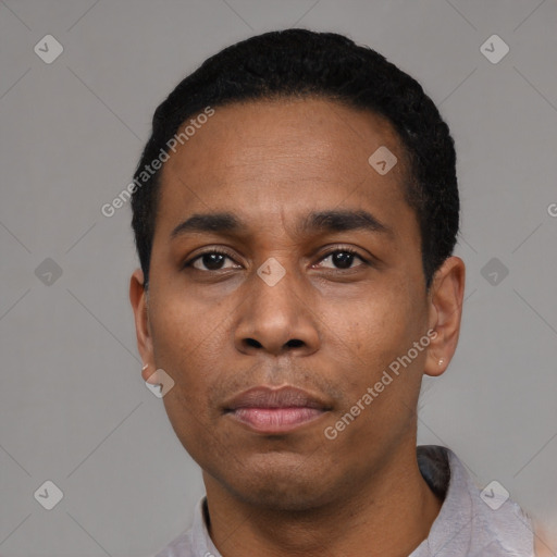 Neutral black adult male with short  black hair and brown eyes