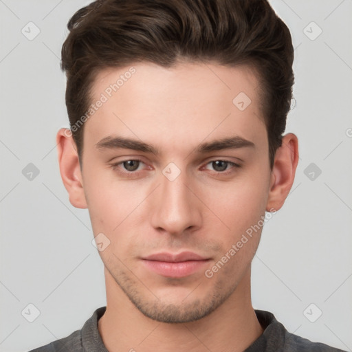 Neutral white young-adult male with short  brown hair and brown eyes