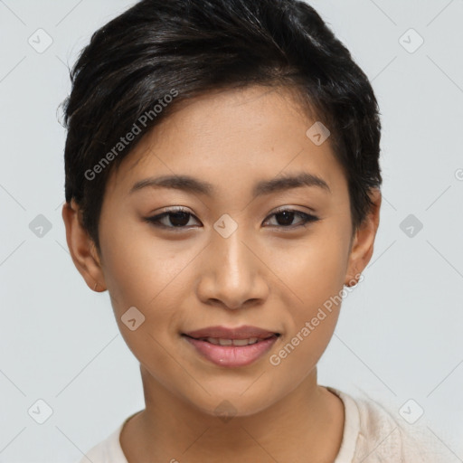 Joyful latino young-adult female with short  black hair and brown eyes