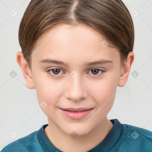 Joyful white child female with short  brown hair and brown eyes