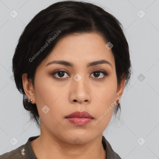 Neutral asian young-adult female with medium  black hair and brown eyes