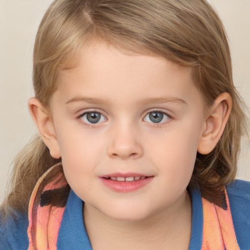 Joyful white child female with medium  brown hair and grey eyes