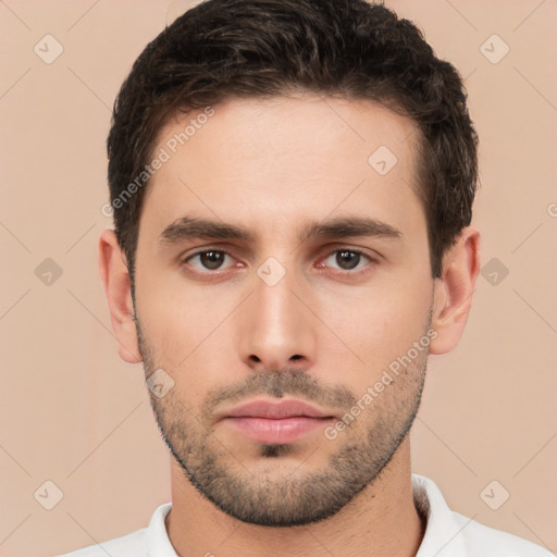 Neutral white young-adult male with short  brown hair and brown eyes