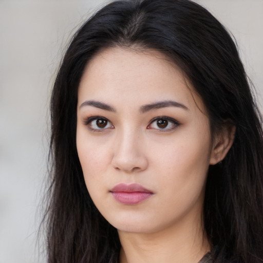 Neutral asian young-adult female with long  black hair and brown eyes