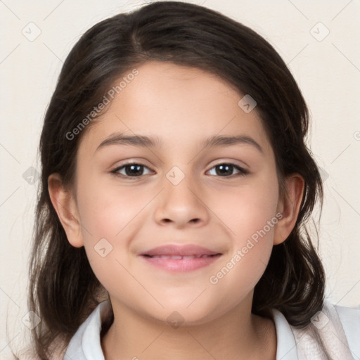 Joyful white child female with medium  brown hair and brown eyes