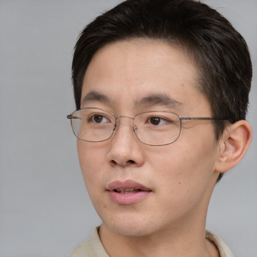 Neutral asian adult male with short  brown hair and brown eyes