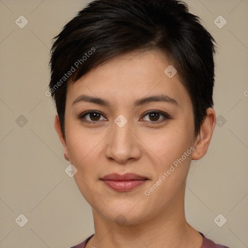 Joyful white young-adult female with short  brown hair and brown eyes